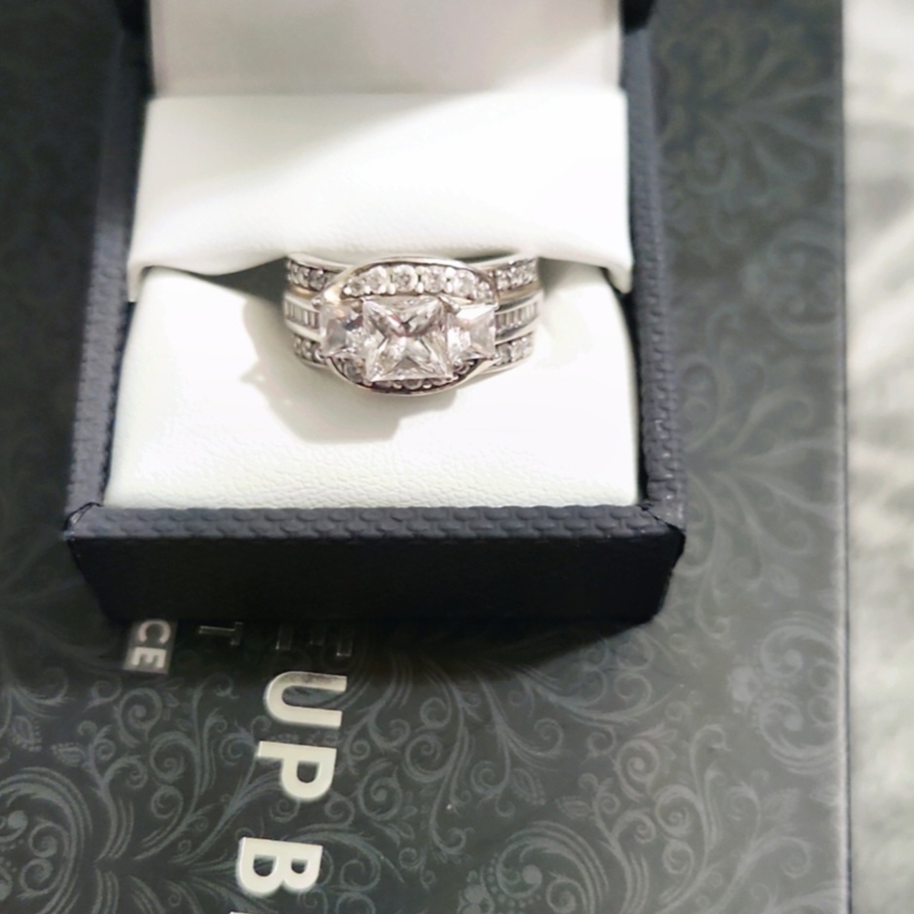 Silver and White Diamond Halo Ring with Triple Band